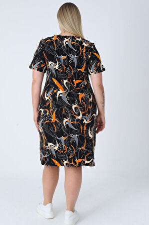 Siyah Desenli Pamuklu Cepli Eteği Bollaşan Kadın Büyük Beden Elbise