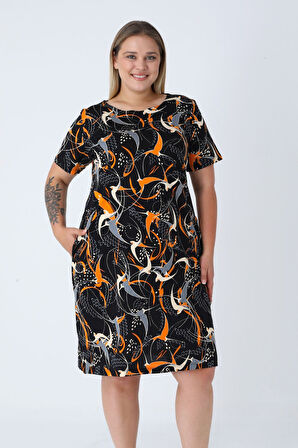 Siyah Desenli Pamuklu Cepli Eteği Bollaşan Kadın Büyük Beden Elbise