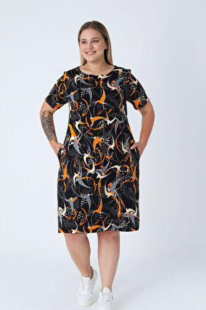 Siyah Desenli Pamuklu Cepli Eteği Bollaşan Kadın Büyük Beden Elbise