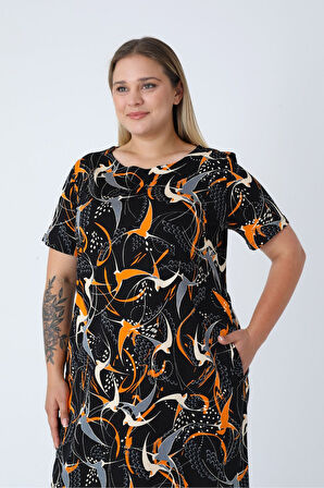 Siyah Desenli Pamuklu Cepli Eteği Bollaşan Kadın Büyük Beden Elbise