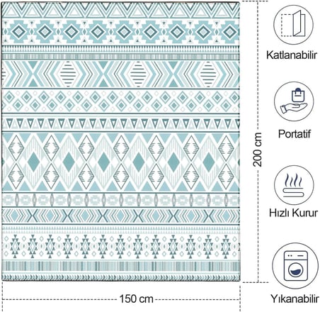 Piknik Örtüsü, Çanta Kamp Matı, Plaj Matı, Piknik Yer Örtüsü, Seyahat, Kamp, Outdoor, Park Çim Kum Tutmaz, Su Geçirmez, Kullanışlı Çanta Model, Katlanabilir 200x150cm - Etnik Boho