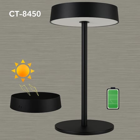 Dubai Solar Şarjlı Masa Lambası – 3 Kademeli Dimmer, Dokunmatik, Type-C USB, Güneş Enerjili, Siyah Metal Gövde, 31 cm