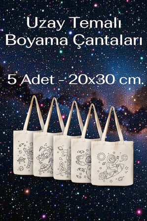 Stonehill Uzay Temalı Boyama Çantası 5'li Set - 20x30 cm Bez Boyama Çantası - Çocuklar İçin Boyanabilir Aktivite Çantası - Keçeli Kalem ve Kumaş Boyasına Uygun