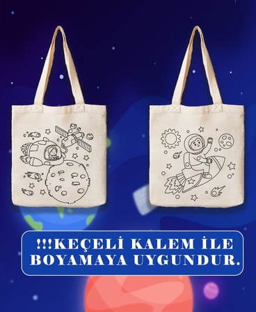 Stonehill Uzay Temalı Boyama Çantası 5'li Set - 20x30 cm Bez Boyama Çantası - Çocuklar İçin Boyanabilir Aktivite Çantası - Keçeli Kalem ve Kumaş Boyasına Uygun