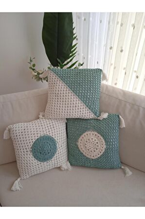 El Örgüsü 3 Adet Kırlent Yastık Kılıfı Koton Pamuk Ip 38*40cm