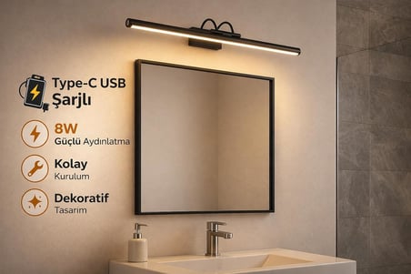 Sarjlı LED Flüt Resim Aplik | 8W | 3200K Gün Işığı | 50cm | Duvar Tipi Ayna/Tablo Üstü Dekoratif Işık | IP20 İç Mekan Kullanım (Siyah Kasa)