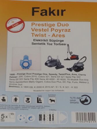 FAKİR PRESTİJ DUO SENTETİK ( 2 PAKET10 ADET ) ELEKTİRİK SÜPÜRGESİ 