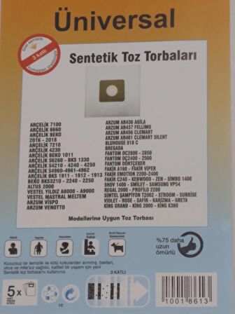 ÜNİVERSAL SENTETİK ( 3 PAKET 15 ADET )  ELEKTİRK SÜPÜRGESİ