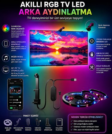 TechTic Kameralı Tv Arka Aydınlatması LED Şerit Ekran ve Müziğe Senkronize TV Ambiyans 55-75inç(5m)