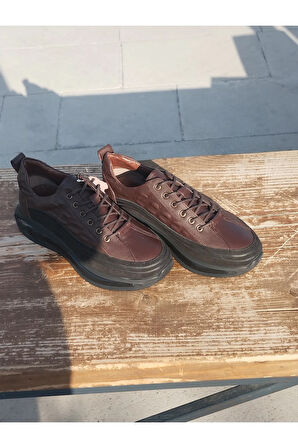 Erkek Sportif Mevsimlik Kundura Hakiki Deri Kauççuk Taban Ortobetik ve Bağcıklı Kahve Rengi