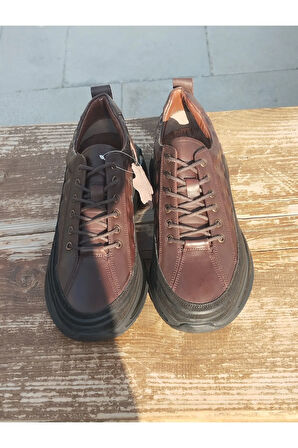 Erkek Sportif Mevsimlik Kundura Hakiki Deri Kauççuk Taban Ortobetik ve Bağcıklı Kahve Rengi