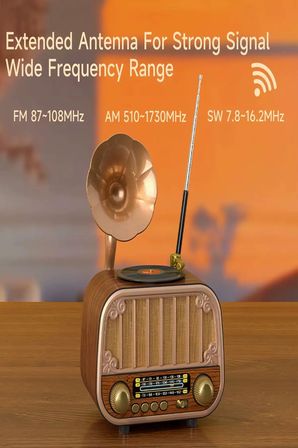 MD-1318BT Gramofon Görünümlü Bluetooth Hoparlör | 3 Bant Nostaljik Radyo | USB TF AUX | Type-C Şarj