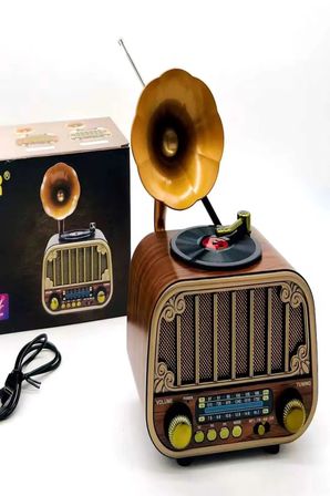MD-1318BT Gramofon Görünümlü Bluetooth Hoparlör | 3 Bant Nostaljik Radyo | USB TF AUX | Type-C Şarj