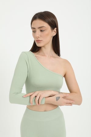 Tek Omuz Crop Top su yeşili -M