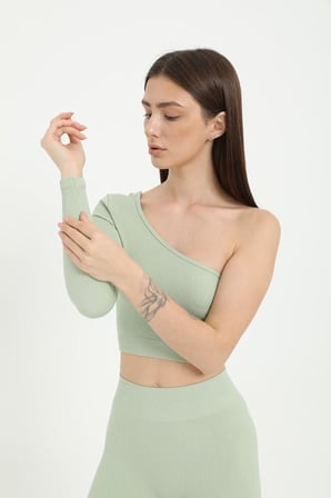 Tek Omuz Crop Top su yeşili -M