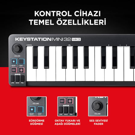Keystation Mini 32 MK3 USB MIDI Klavye Denetleyicisi, 32 Hız Duyarlı Mini Tuş ve Kayıt Yazılımı Dahil