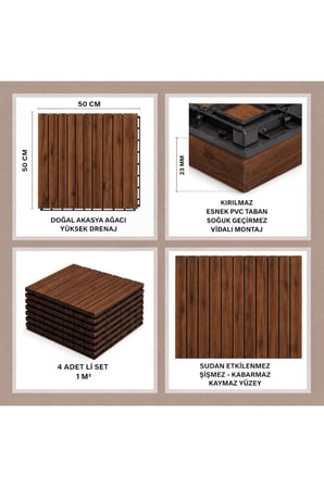 BRUN Akasya Ahşap Deck Karo 50x50 cm | Geçmeli Click Sistem | 1 Koli 4 Adet (1 m²) | Balkon Teras Bahçe Havuz Banyo