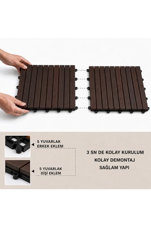BRUN Akasya Ahşap Deck Karo 50x50 cm | Geçmeli Click Sistem | 1 Koli 4 Adet (1 m²) | Balkon Teras Bahçe Havuz Banyo