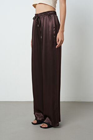 Kadın Kahverengi Düz %100 Viskoz Bol Paça Beli Lastikli Pantolon