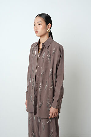 Kadın Önü Taş İşlemeli Düz Renk Oversize Gömlek