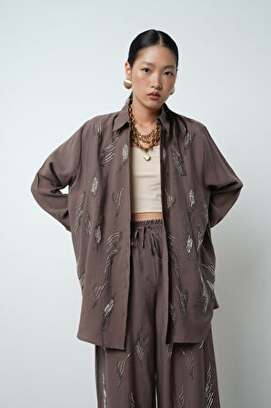 Kadın Önü Taş İşlemeli Düz Renk Oversize Gömlek