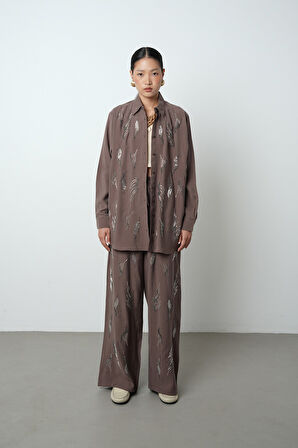 Kadın Önü Taş İşlemeli Düz Renk Oversize Gömlek