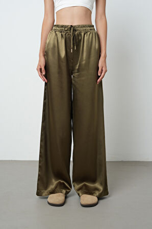 Kadın Haki Renk Düz Saten Bol Paça Beli Lastikli Pantolon