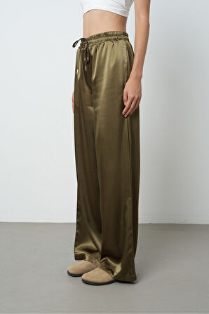 Kadın Haki Renk Düz Saten Bol Paça Beli Lastikli Pantolon