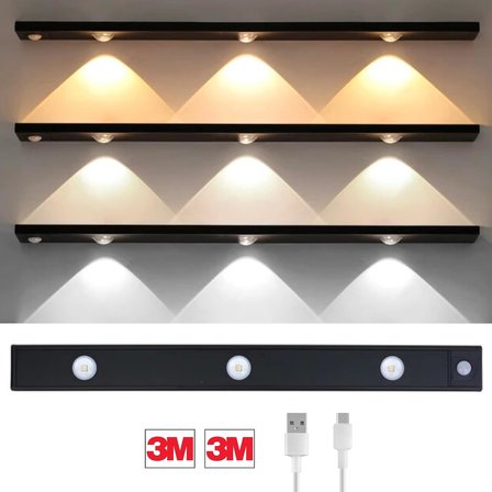 Hareket Sensörlü Ledli Gece Lambası, Parlaklık Ayarı Yapılabilir, 3000K-6000K, 3 Mod, Kablosuz, Merdiven Aydınlatması, USB Şarj Edilebilir Işık, LED Manyetik Lamba (Cata - Bella - Siyah 40 Cm)