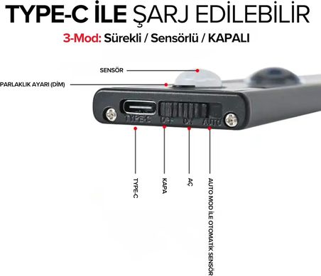 Hareket Sensörlü Ledli Gece Lambası, Parlaklık Ayarı Yapılabilir, 3000K-6000K, 3 Mod, Kablosuz, Merdiven Aydınlatması, USB Şarj Edilebilir Işık, LED Manyetik Lamba (Cata - Bella - Siyah 40 Cm)