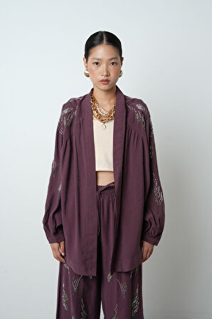 Kadın Arkası Ve Kolları Taş İşlemeli Oversize Kimono