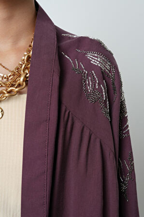 Kadın Arkası Ve Kolları Taş İşlemeli Oversize Kimono