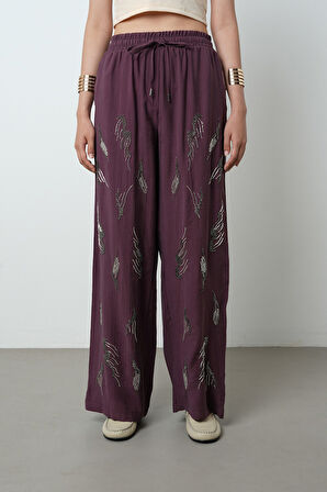 Kadın Önü Taş İşlemeli Düz Renk Beli Lastikli Bol Paça Pantolon