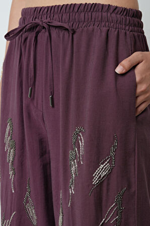 Kadın Önü Taş İşlemeli Düz Renk Beli Lastikli Bol Paça Pantolon