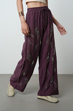 Kadın Önü Taş İşlemeli Düz Renk Beli Lastikli Bol Paça Pantolon