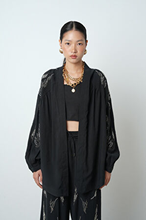 Kadın Arkası Ve Kolları Taş İşlemeli Oversize Kimono