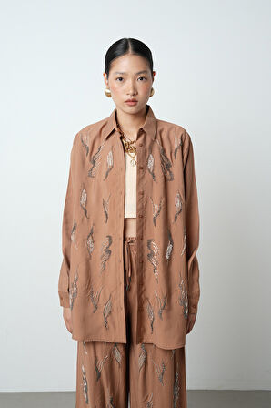 Kadın Önü Taş İşlemeli Düz Renk Oversize Gömlek