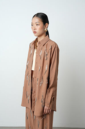 Kadın Önü Taş İşlemeli Düz Renk Oversize Gömlek