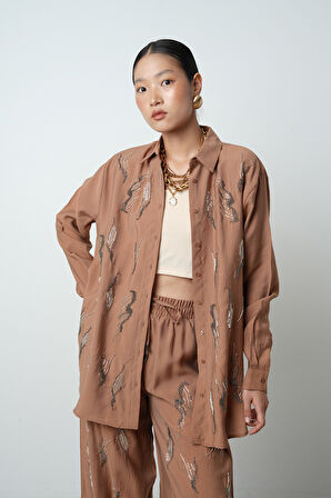 Kadın Önü Taş İşlemeli Düz Renk Oversize Gömlek