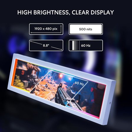 PC için 8,8 inç Evrensel Ekran - Herhangi Bir Bilgisayar Kurulumu için Ayarlanabilir Montaj - Özelleştirilebilir ARGB Çerçevesi - PC Sıcaklık Ekran Paneli - LCD Ekran Disply - Mini Monitör