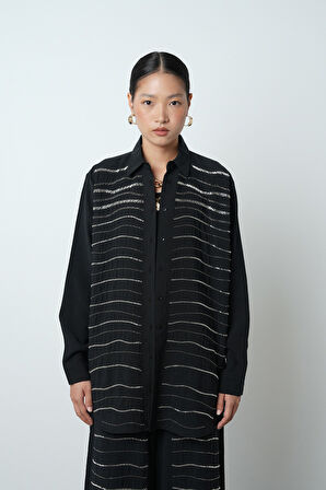 Kadın Yatay Şerit Taş İşlemeli Düz Renk Oversize Gömlek