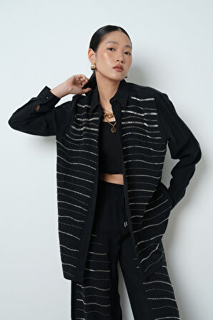 Kadın Yatay Şerit Taş İşlemeli Düz Renk Oversize Gömlek