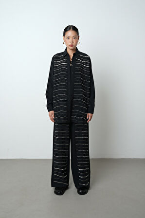 Kadın Yatay Şerit Taş İşlemeli Düz Renk Oversize Gömlek