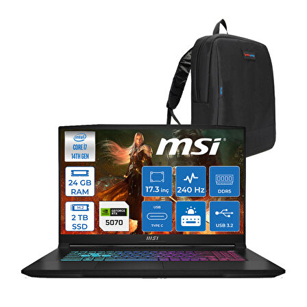 Msı Katana 17 Hx B14WFK-046XTR 14. Nesil Intel I7-14650HX 24GB Ddr5 2tb SSD 8GB/RTX5060 115W 17.3" Qhd (2560*1440), 240Hz IPS Freedos Gaming Bilg. W046XTRF04+ZETTAÇANTA