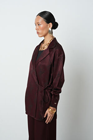 Kadın Bordo Renk Desenli Yandan Bağlamalı Ceket