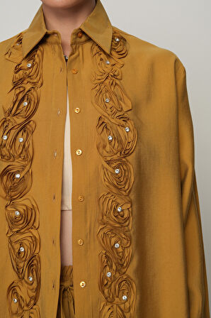 Kadın Gül Ve Taş Şerit İşlemeli Düz Gömlek