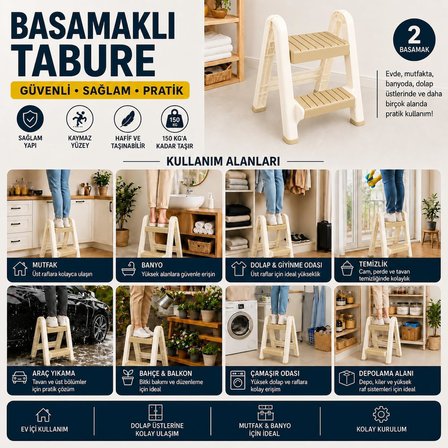 Basamaklı Tabure 2 Basamaklı Kaymaz Yüzeyli Plastik Merdiven, Hafif ve Taşınabilir Ev İçi Kullanım İçin Pratik Basamak, Mutfak Banyo Dolap Üstü Bahçe Balkon Temizlik İçin Çok Amaçlı Tabure (Sarı)