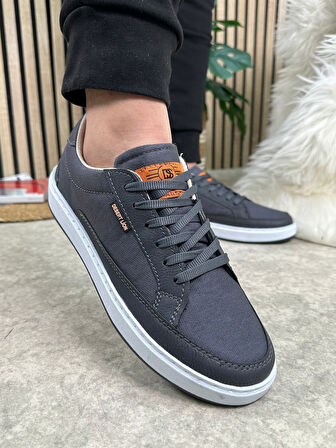 Günlük Erkek Sneaker Bağcıklı Kaymaz Taban Keten Deri Detaylı Oval Burun Spor Yürüyüş Ayakkabı 2545