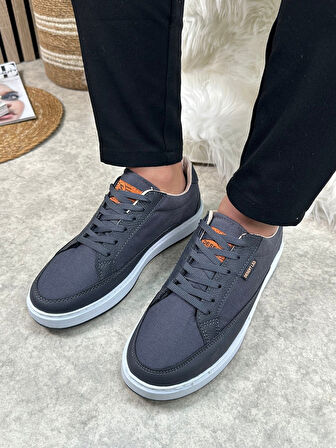 Günlük Erkek Sneaker Bağcıklı Kaymaz Taban Keten Deri Detaylı Oval Burun Spor Yürüyüş Ayakkabı 2545