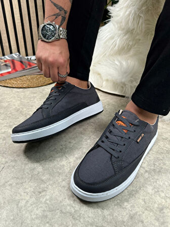 Günlük Erkek Sneaker Bağcıklı Kaymaz Taban Keten Deri Detaylı Oval Burun Spor Yürüyüş Ayakkabı 2545